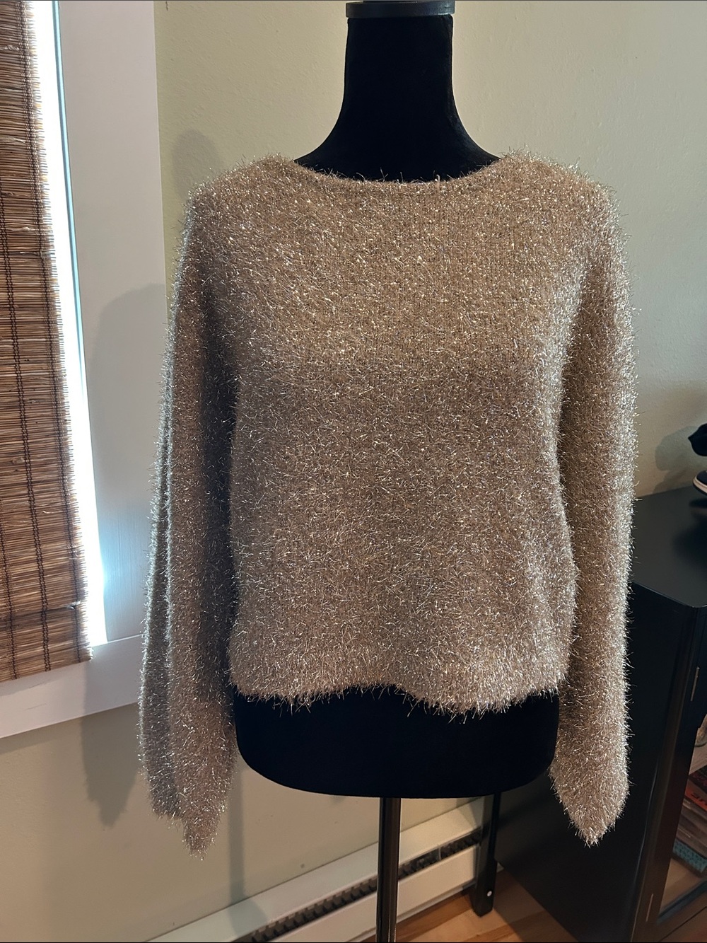 Anthropologie Metallic Champagne Fuzzy Crewneck Sweater